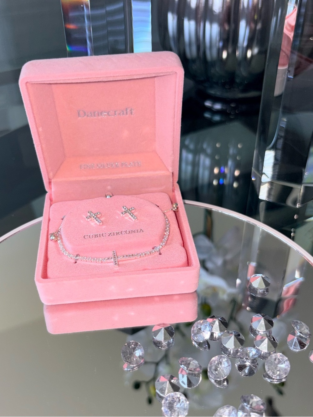 Danecraft CZ Cross Bracelet & Stud Earring Set